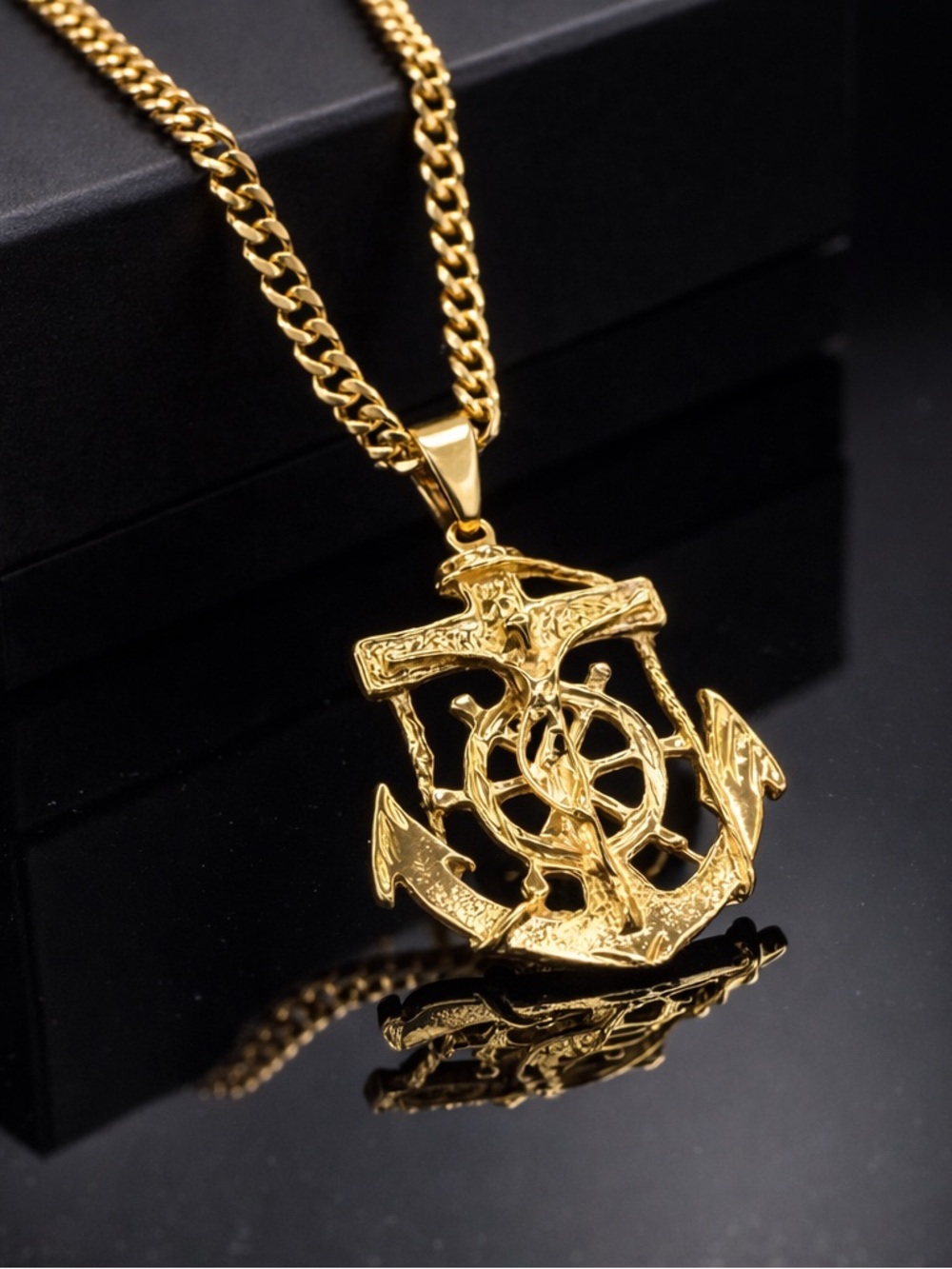 Anchor Cross Pendant Necklace 22” Cuban Link 18K Gold Filled Statement Piece